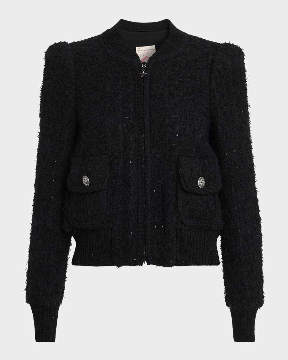 Paillette Tweed Bomber Jacket With Metallic Knit Back